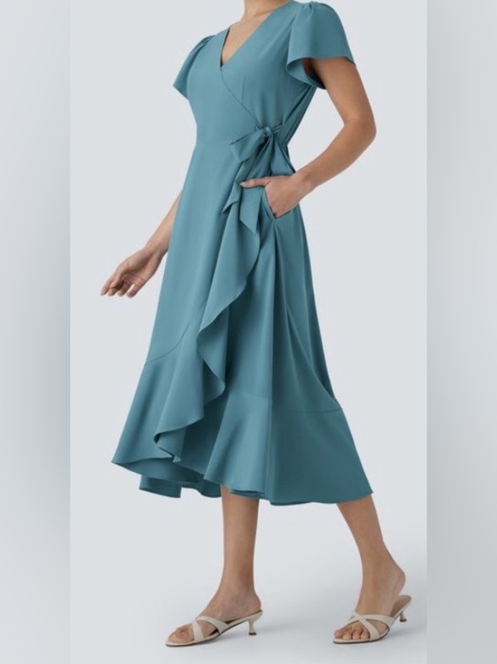 LARGE.  HALARA BREEZEFUL V NECK WRAP SIDE TIE RUFFLE FLOWY MIDI DRESS